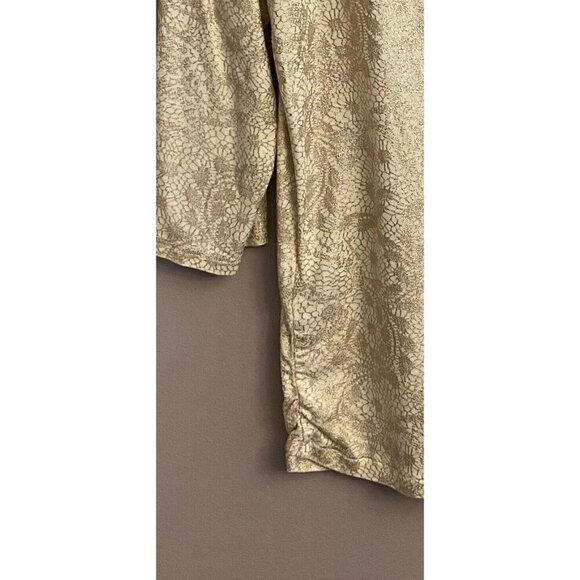 Chico's Floral Knit Top Yellow with Gold Metallic 3/4 Sleeve Ruched Sides Sz 1 - Picture 5 of 9